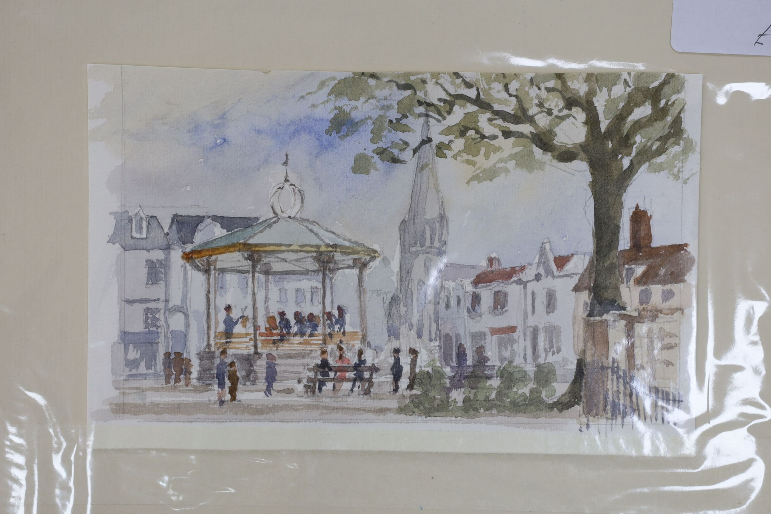 A collection of assorted unframed watercolours, all mounted with retail labels including W. Philips, Grainger Smith, Dampier Freeman, and George Horobin, with a small group of minor framed pictures